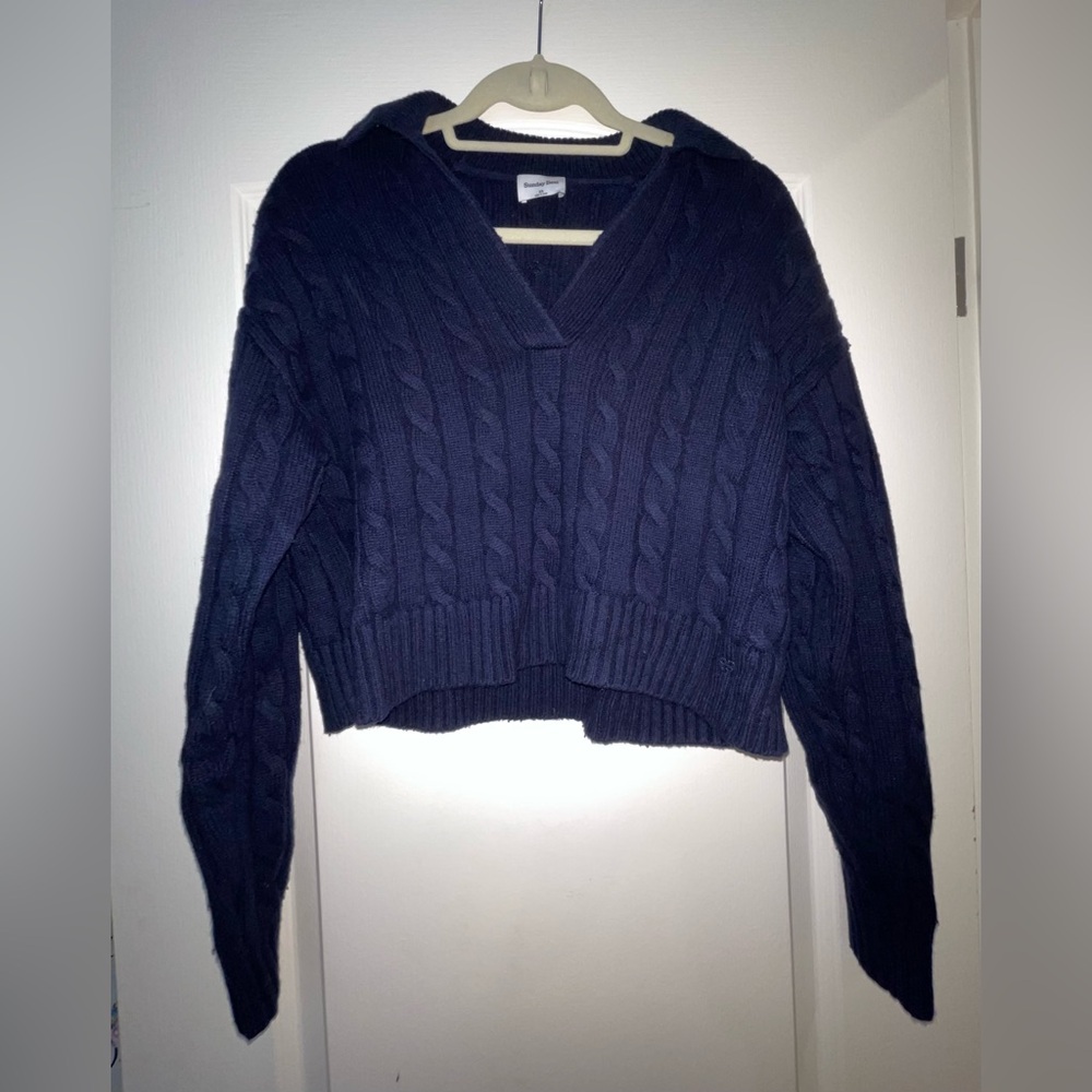 Aritzia Sunday Best Navy Cable Knit Cropped V-Neck Sweater
